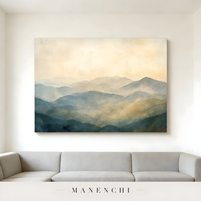 Mist-Veiled Ridges abstract painting displayed in couch above painting