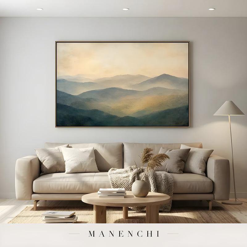 Mist-Veiled Ridges abstract painting displayed in living room