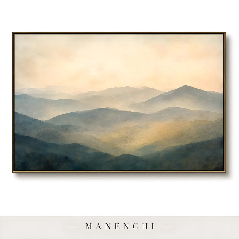 Mist-Veiled Ridges abstract painting displayed in product display isolated