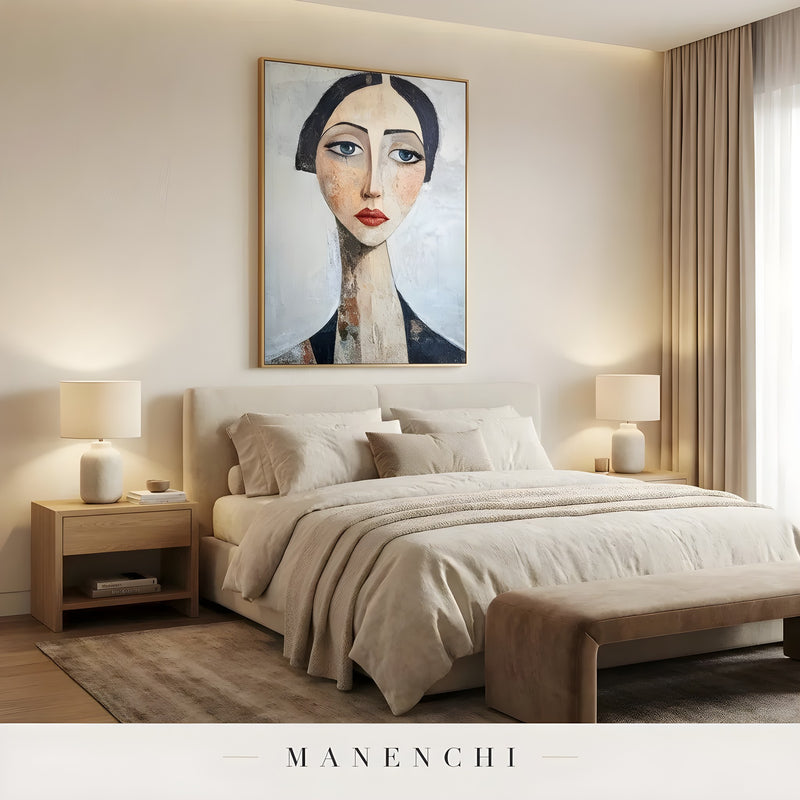 Modern Muse Portrait abstract painting displayed in bedroom interior styling