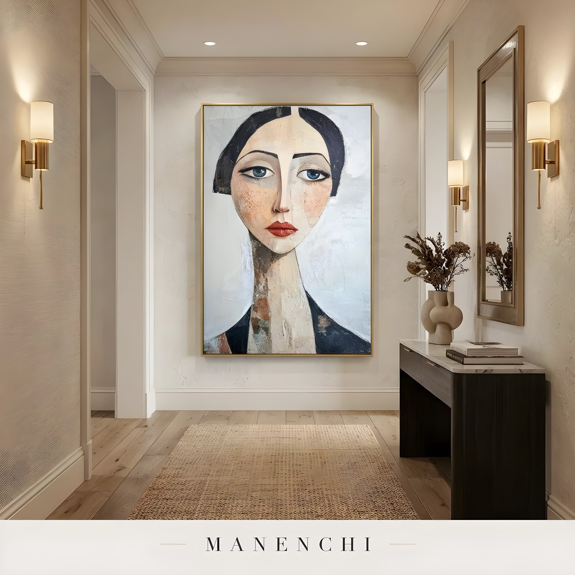 Modern Muse Portrait abstract painting displayed in hallway entryway display