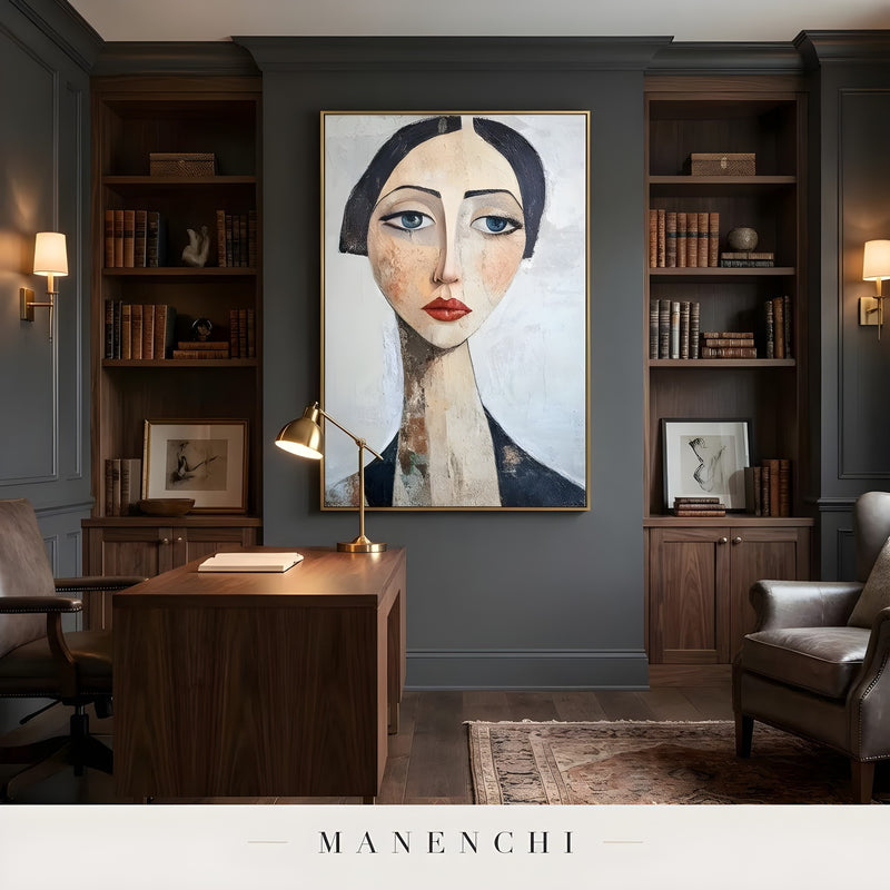 Modern Muse Portrait abstract painting displayed in home office study