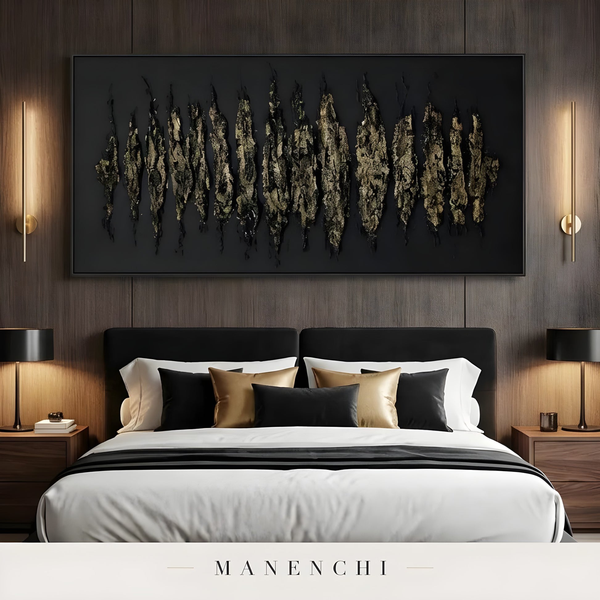 Molten Spires abstract painting displayed in bedroom with symmetrical lighting
