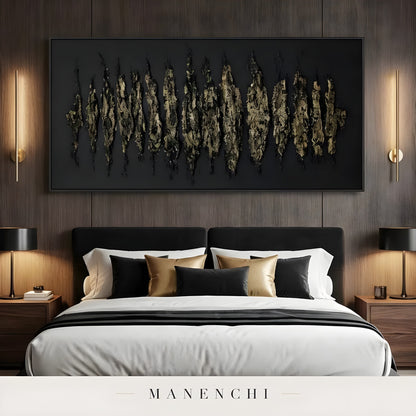 Molten Spires abstract painting displayed in bedroom with symmetrical lighting