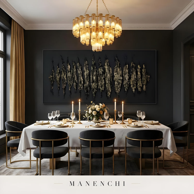 Molten Spires abstract painting displayed in elegant dining room setting