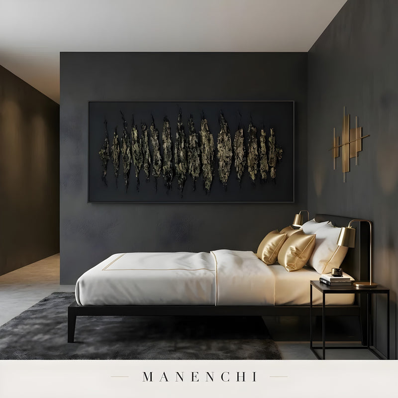 Molten Spires abstract painting displayed in modern bedroom side view