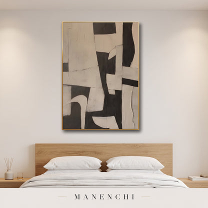 Monochromatic Echoes abstract painting displayed in a modern bedroom