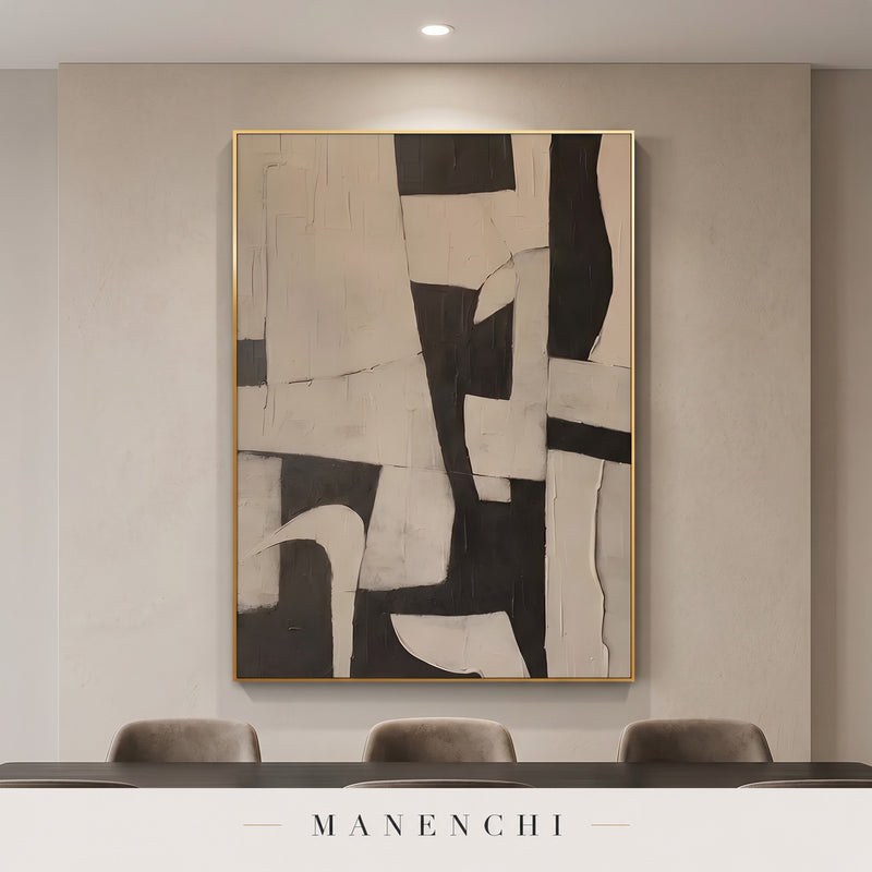 Monochromatic Echoes abstract painting displayed in a dining room