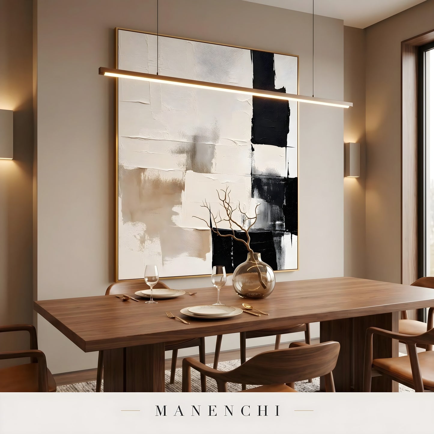 Monochromatic Equilibrium abstract painting displayed in dining room table setting