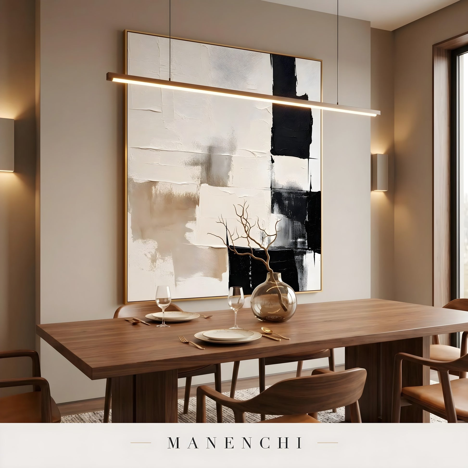 Monochromatic Equilibrium abstract painting displayed in dining room table setting