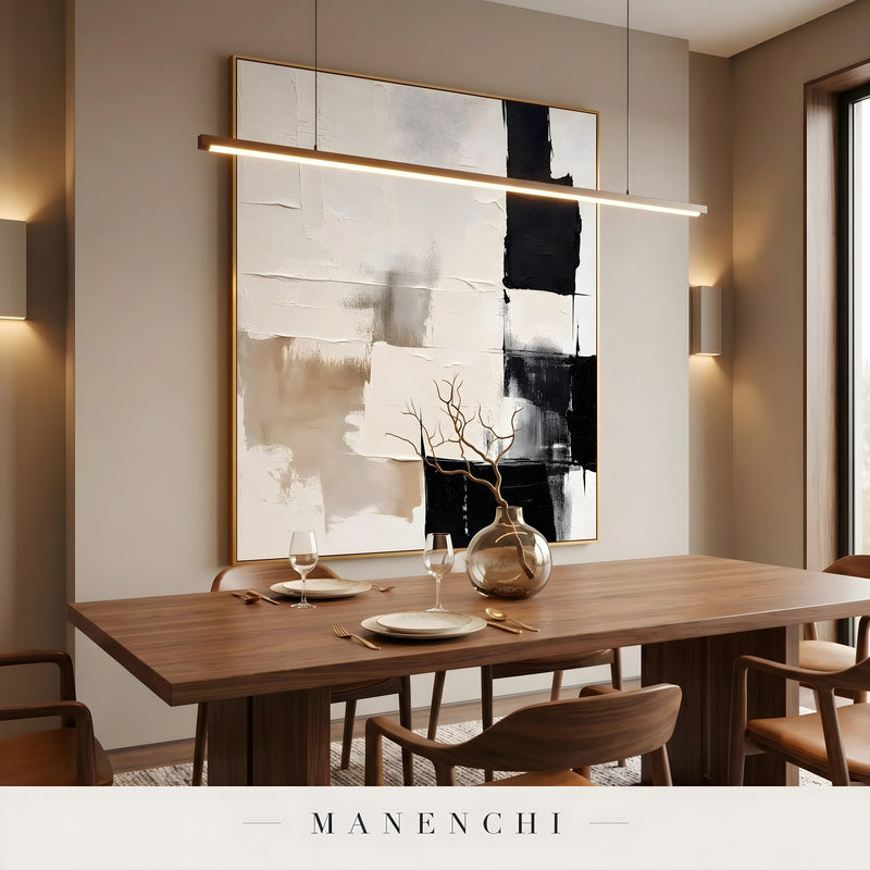 Monochromatic Equilibrium abstract painting displayed in dining room table setting