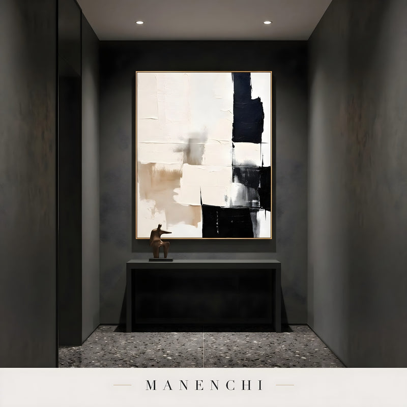 Monochromatic Equilibrium abstract painting displayed in entryway console table decor