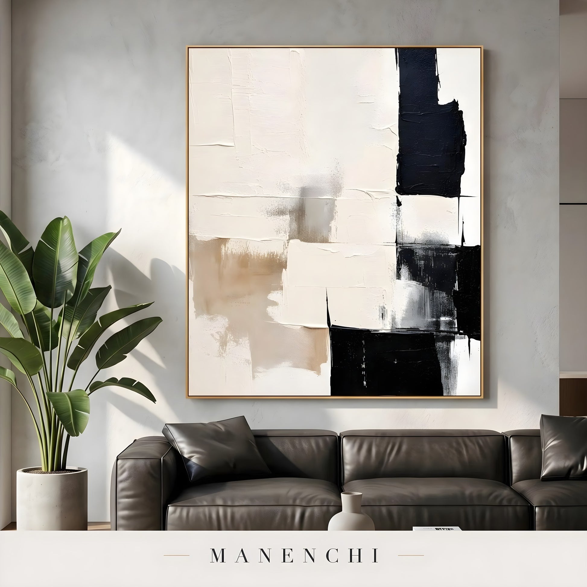 Monochromatic Equilibrium abstract painting displayed in living room sofa display