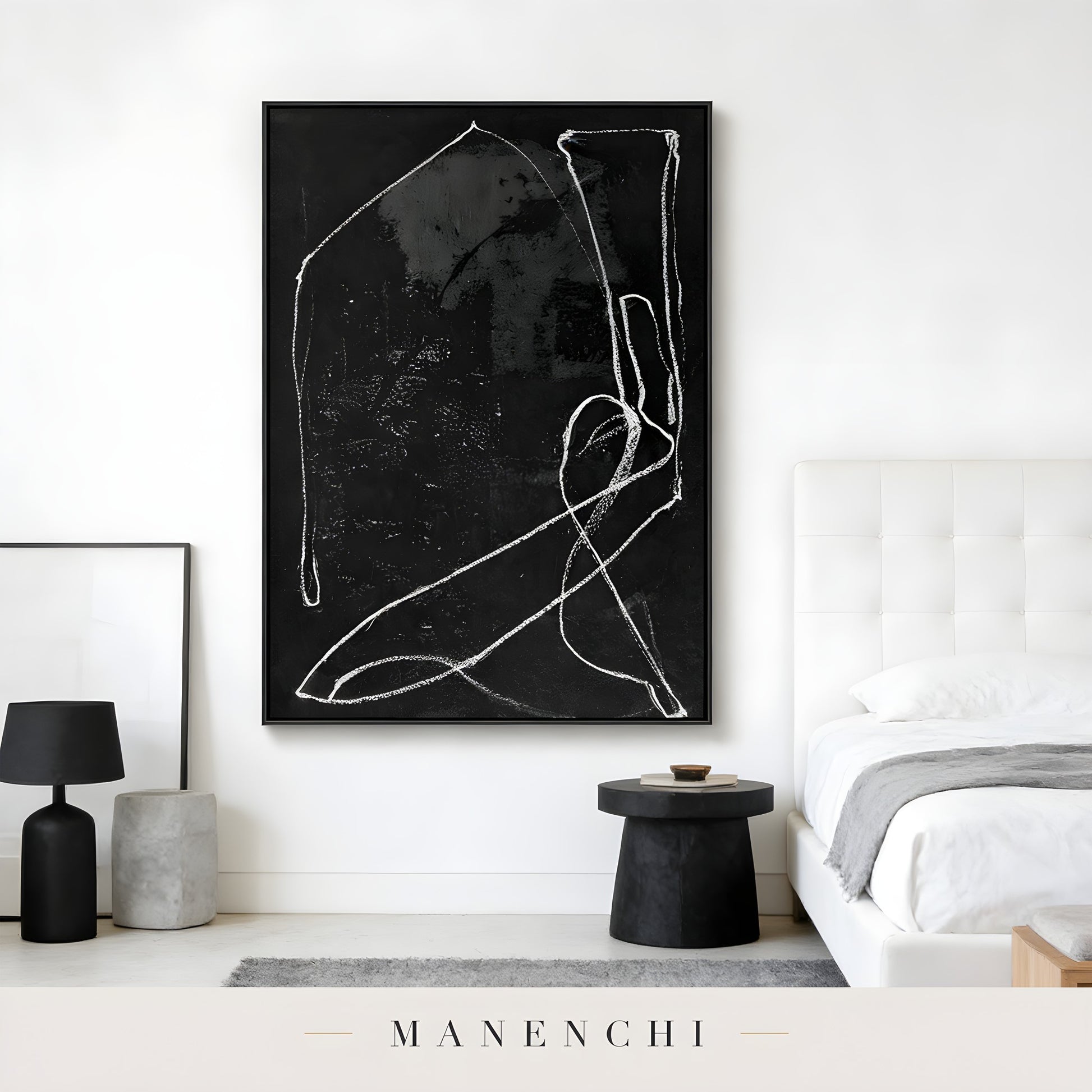 Monochromatic Essence abstract painting displayed in bedroom with modern decor