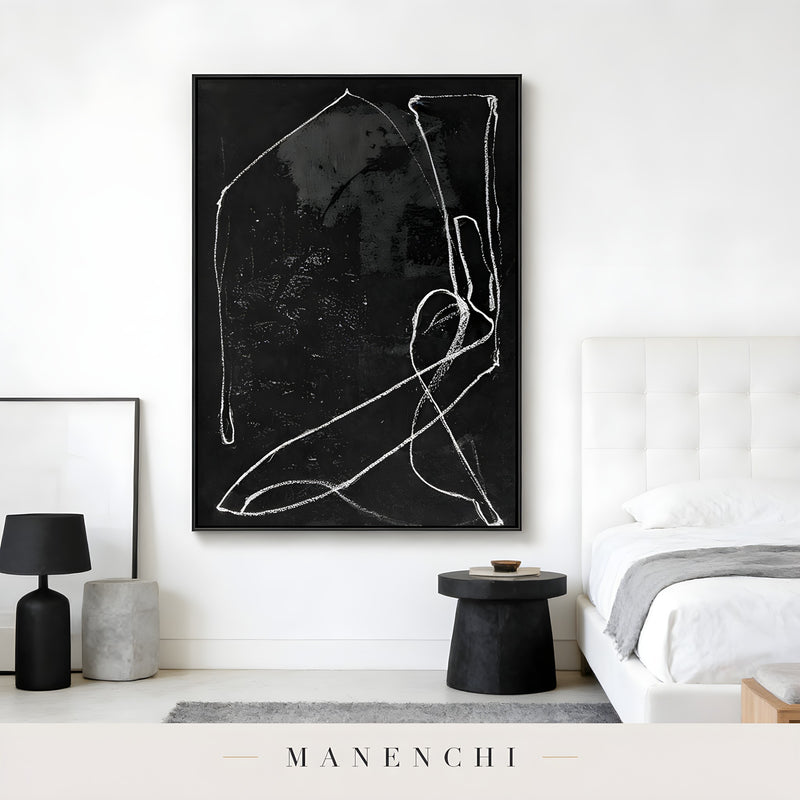 Monochromatic Essence abstract painting displayed in bedroom with modern decor