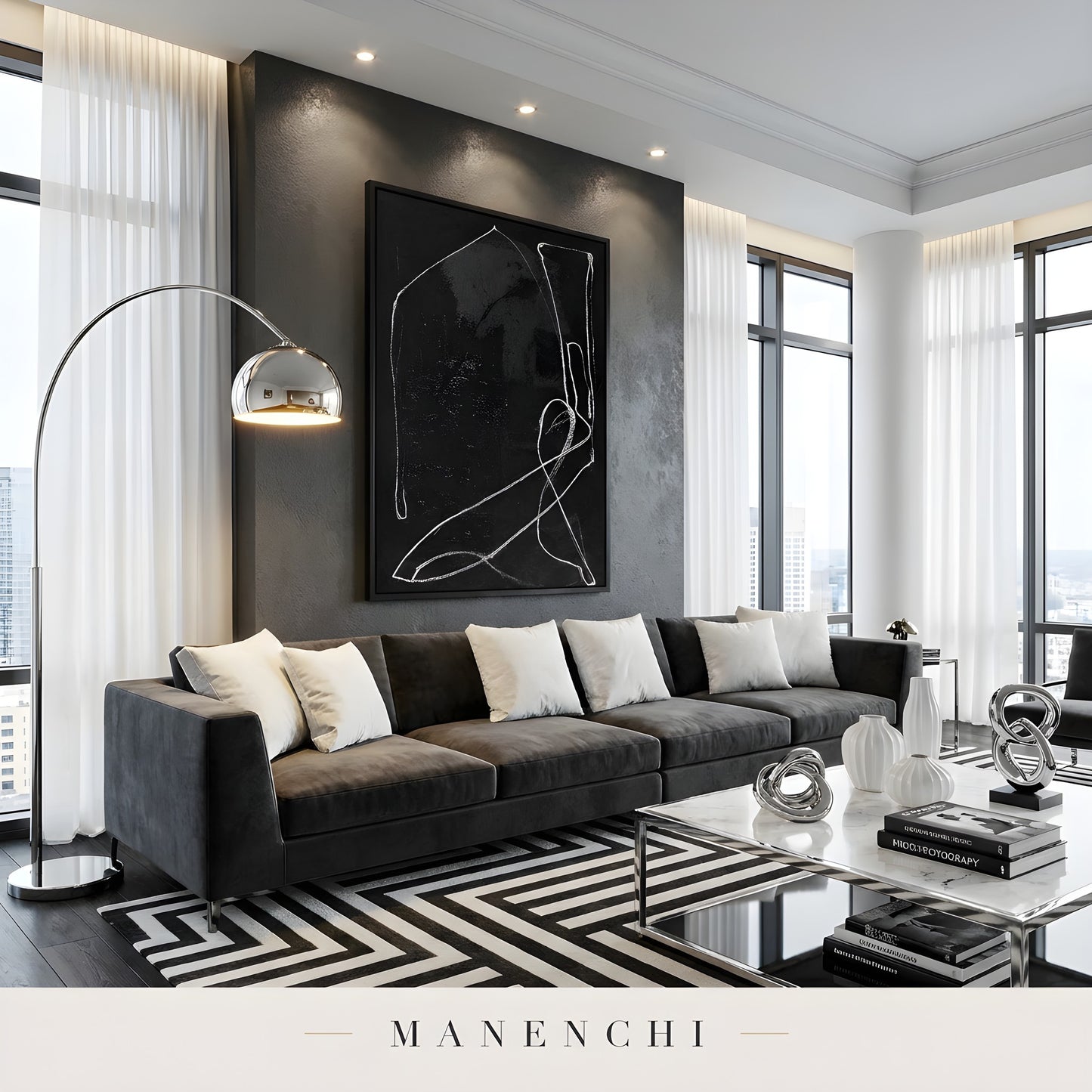 Monochromatic Essence abstract painting displayed in luxury living room interior