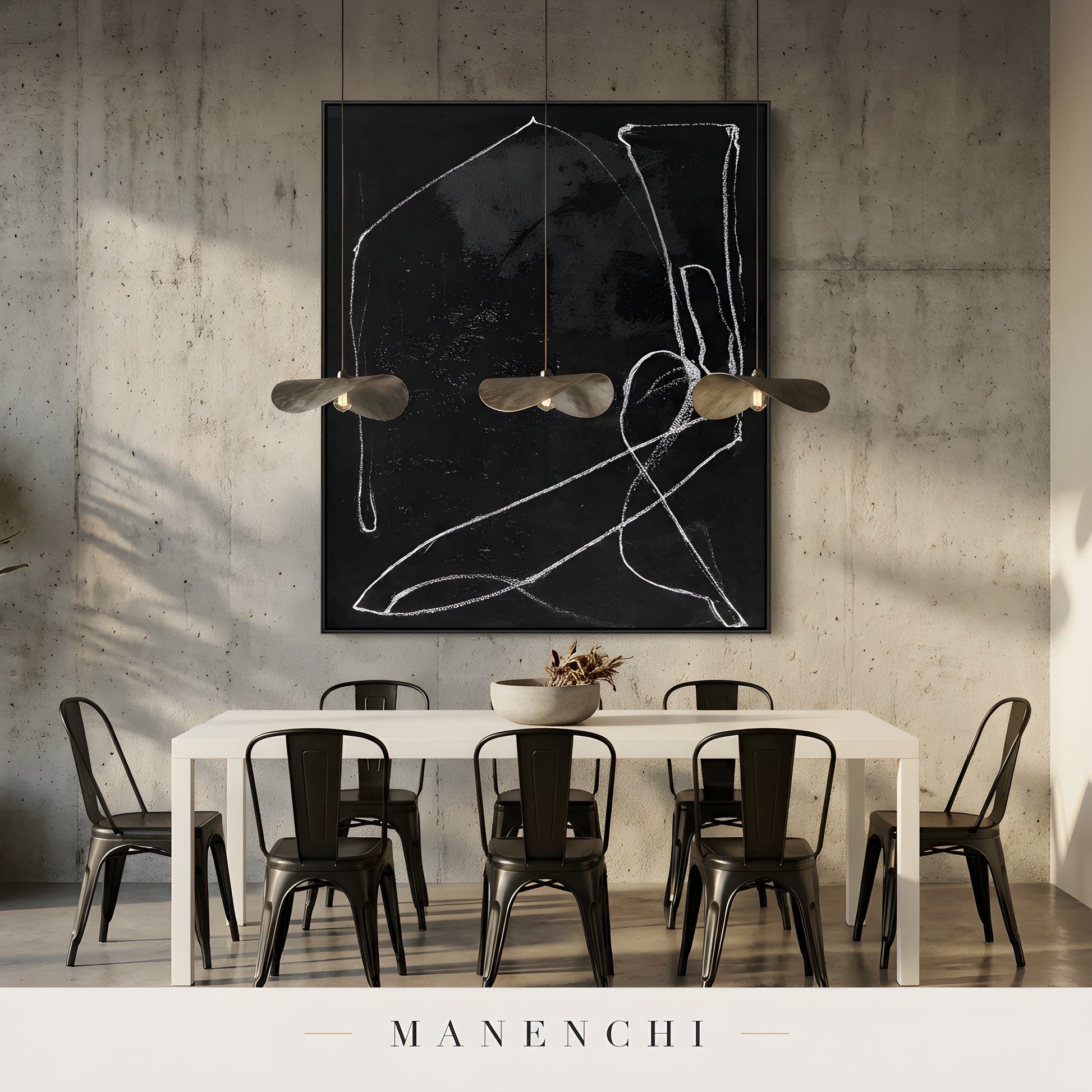 Monochromatic Essence abstract painting displayed in modern dining room setting