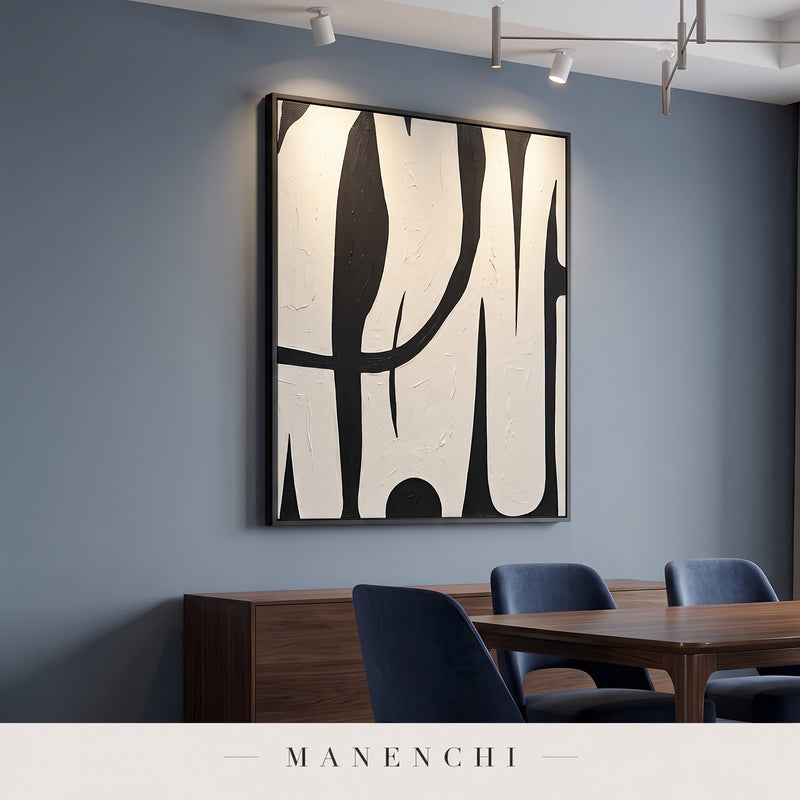 Monochromatic Flow abstract painting displayed in a dining room