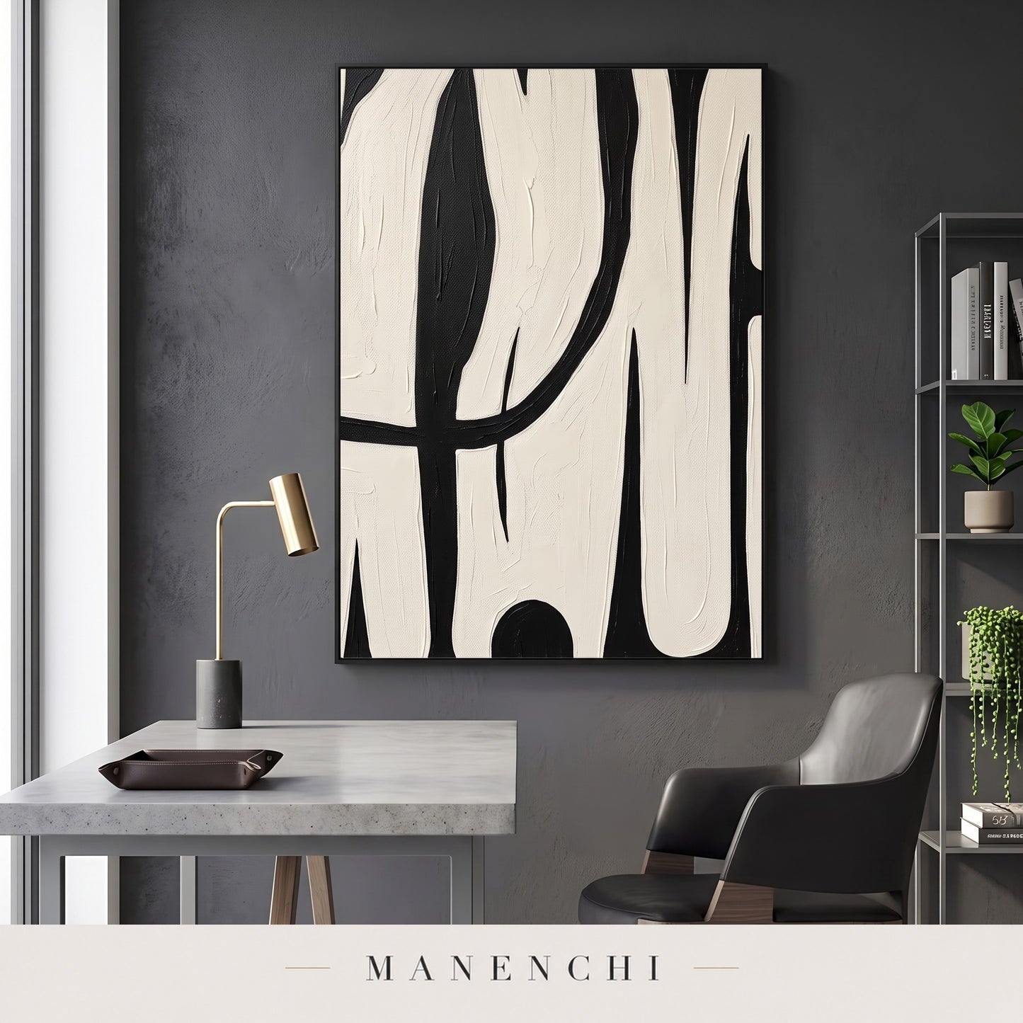 Monochromatic Flow abstract painting displayed in a study