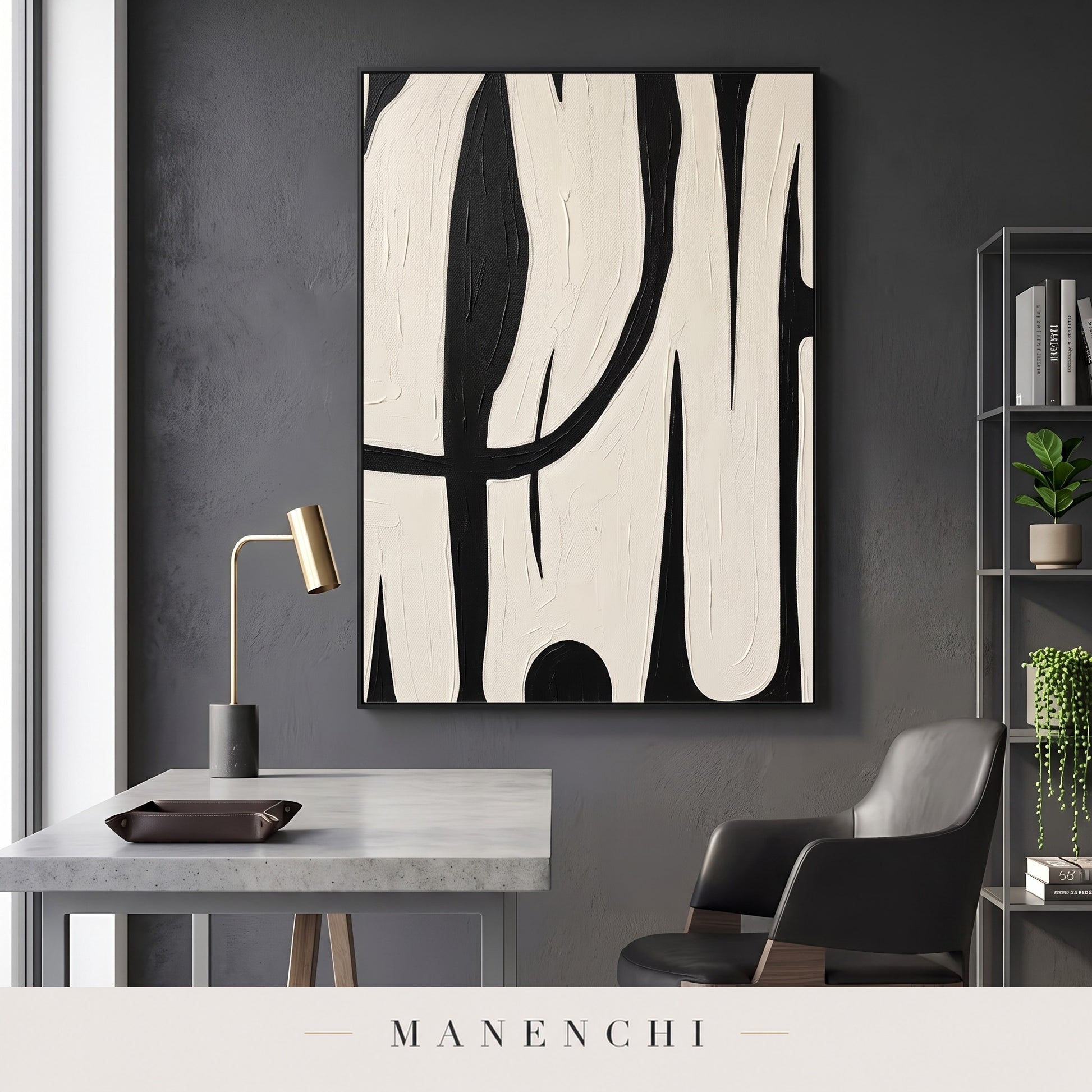 Monochromatic Flow abstract painting displayed in a study