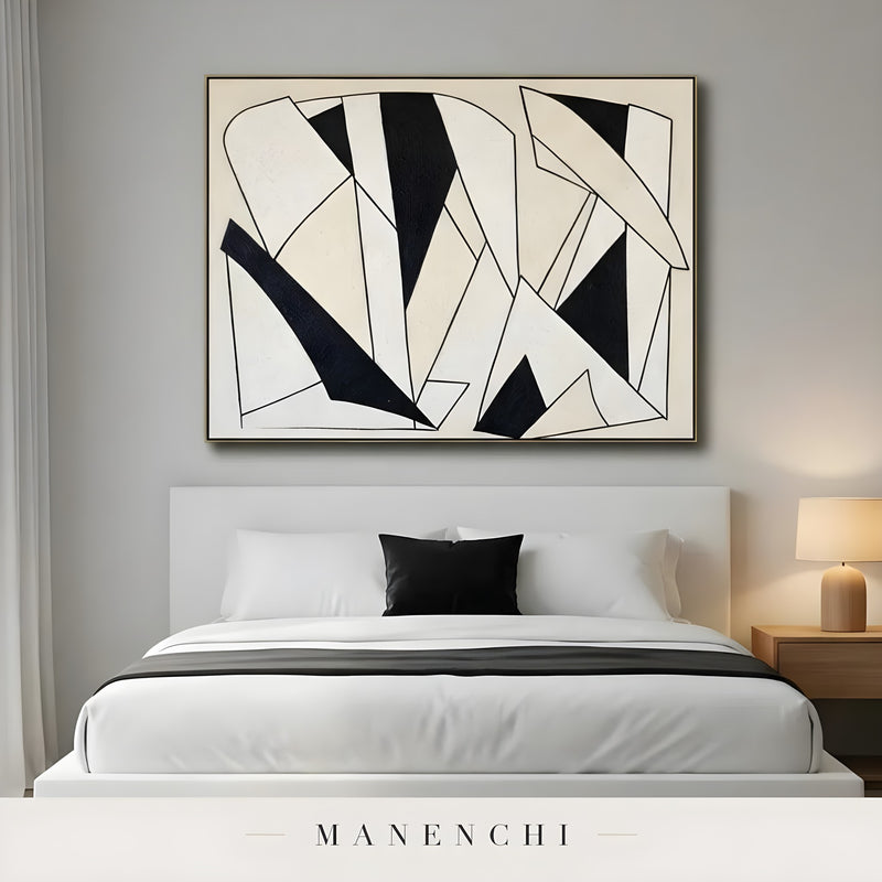 Monochromatic Geometry abstract painting displayed in bedroom