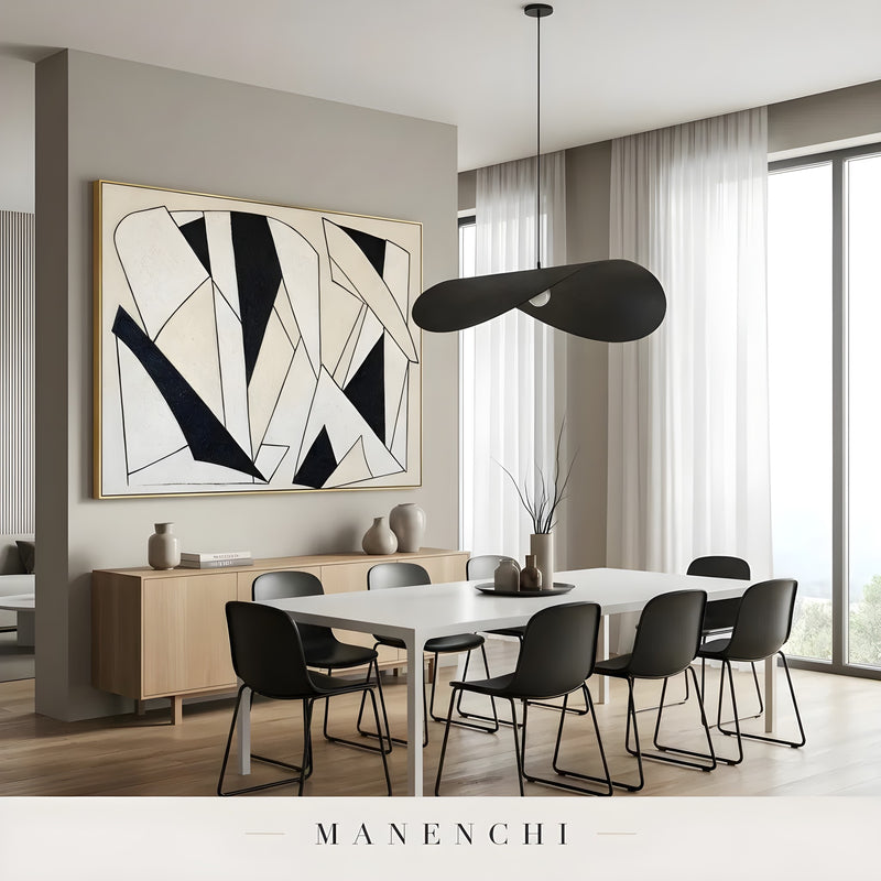 Monochromatic Geometry abstract painting displayed in dining room