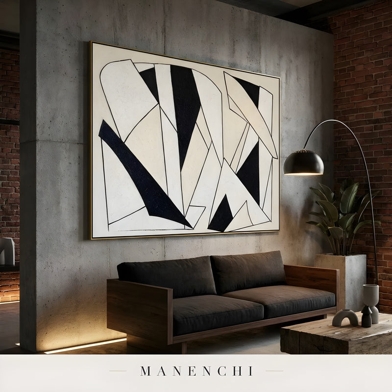 Monochromatic Geometry abstract painting displayed in modern living room