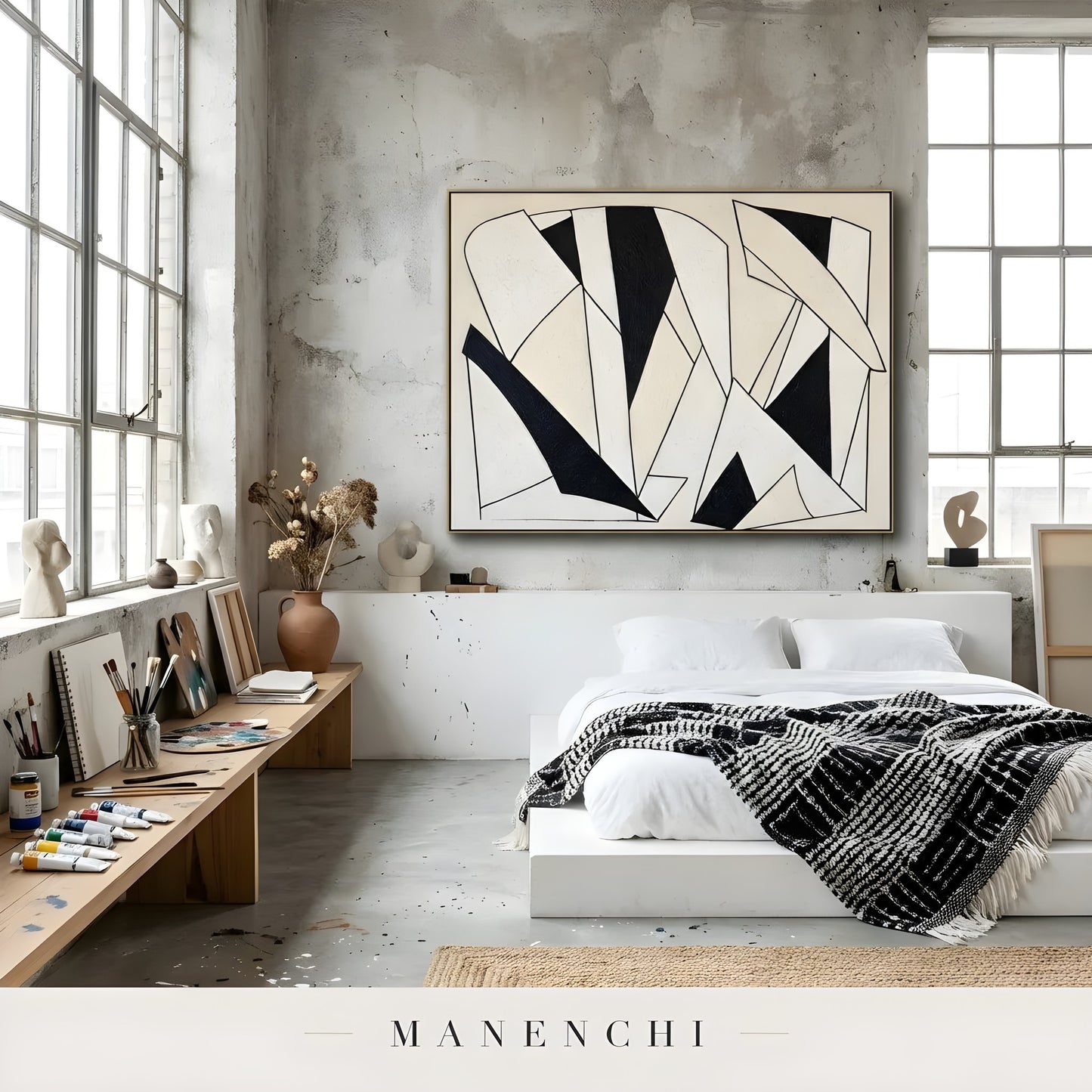Monochromatic Geometry abstract painting displayed in studio art space