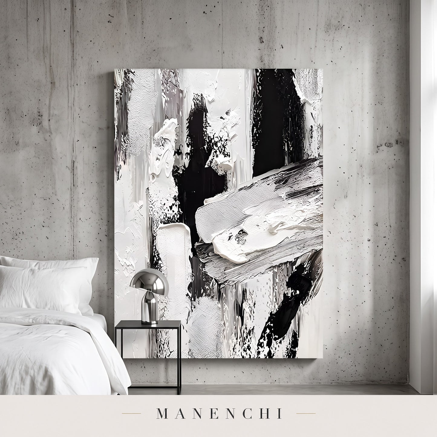 Monochromatic Majesty abstract painting displayed in a modern bedroom