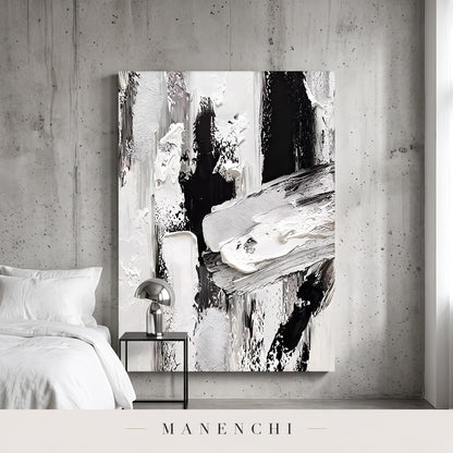 Monochromatic Majesty abstract painting displayed in a modern bedroom