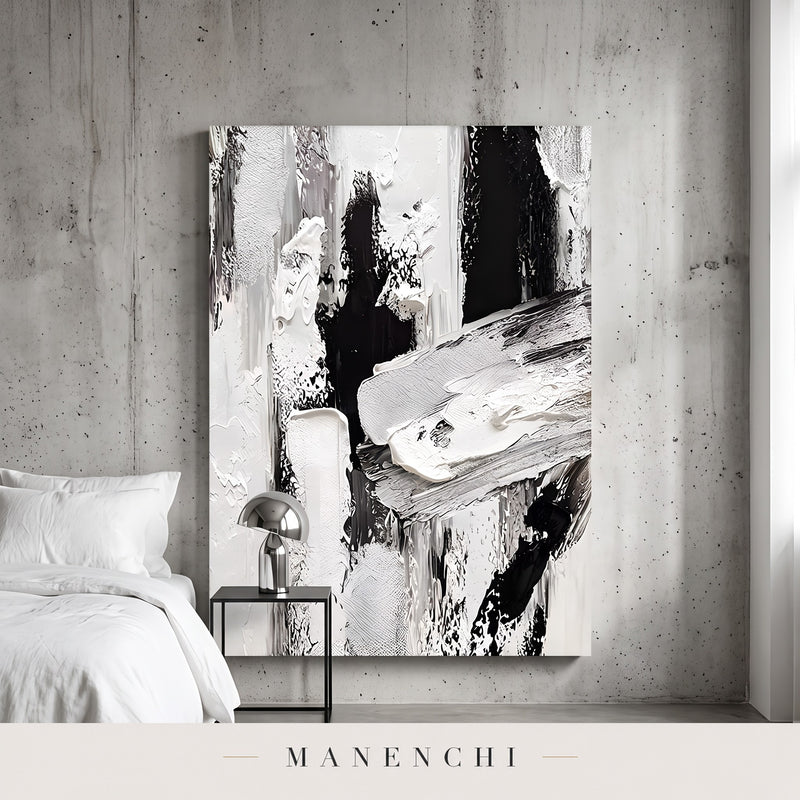 Monochromatic Majesty abstract painting displayed in a modern bedroom