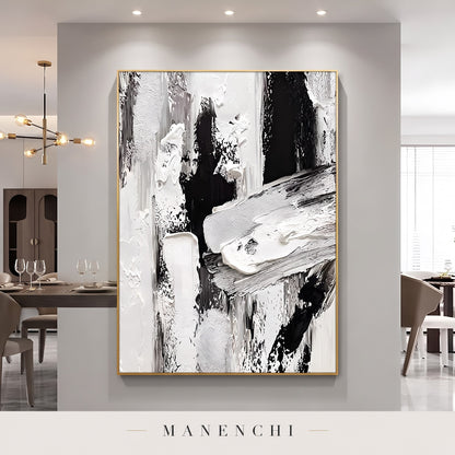 Monochromatic Majesty abstract painting displayed in a dining room