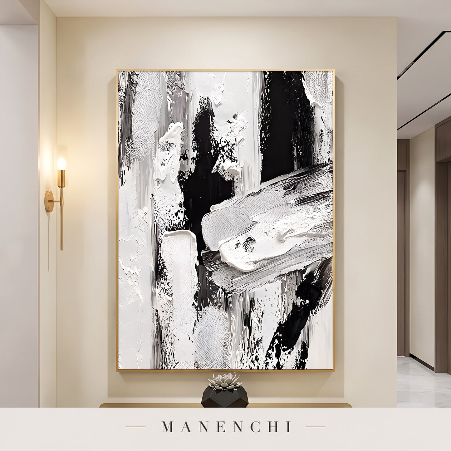 Monochromatic Majesty abstract painting displayed in an entryway