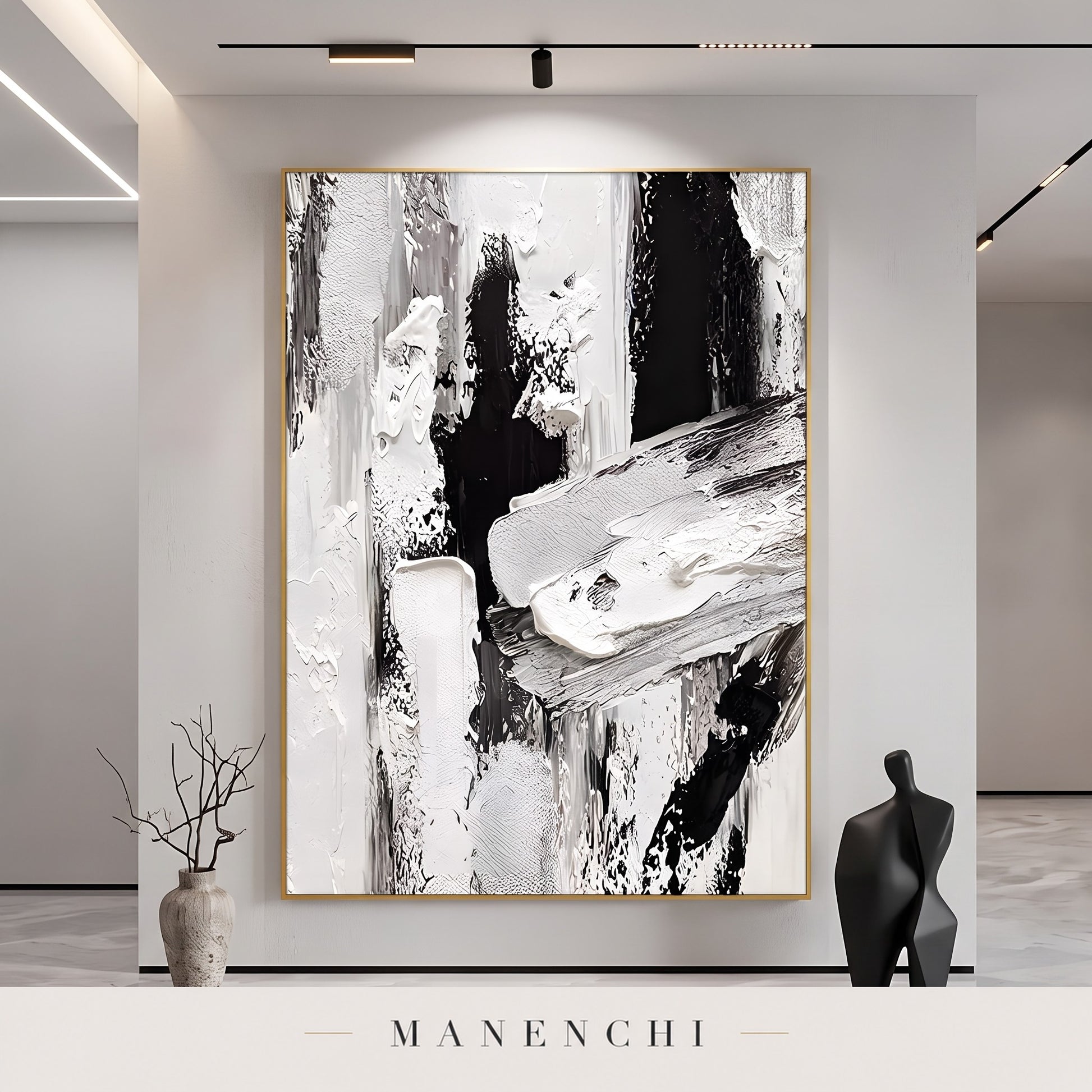 Monochromatic Majesty abstract painting displayed in a gallery setting