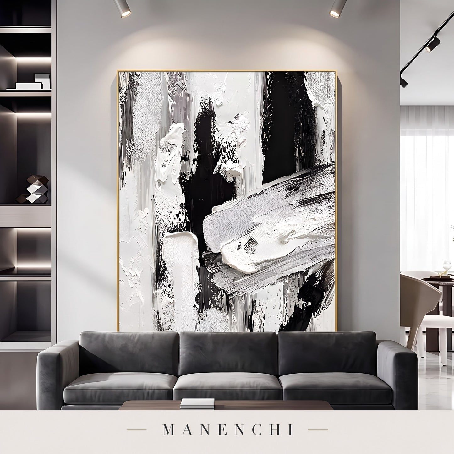 Monochromatic Majesty abstract painting displayed in a modern living room