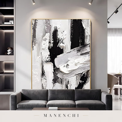 Monochromatic Majesty abstract painting displayed in a modern living room