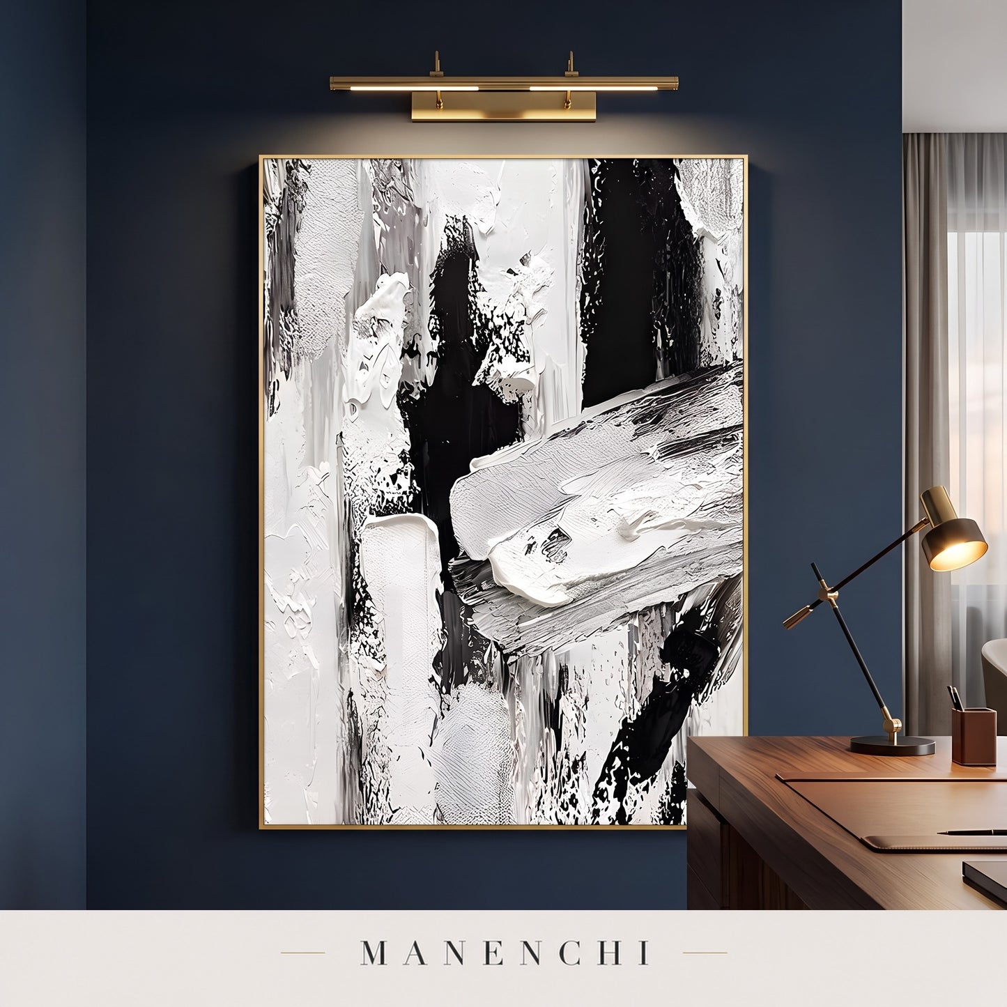 Monochromatic Majesty abstract painting displayed in a study