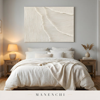 Monochromatic Sculpted Dunes abstract painting displayed in bedroom with art