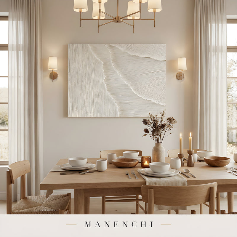 Monochromatic Sculpted Dunes abstract painting displayed in dining room interior