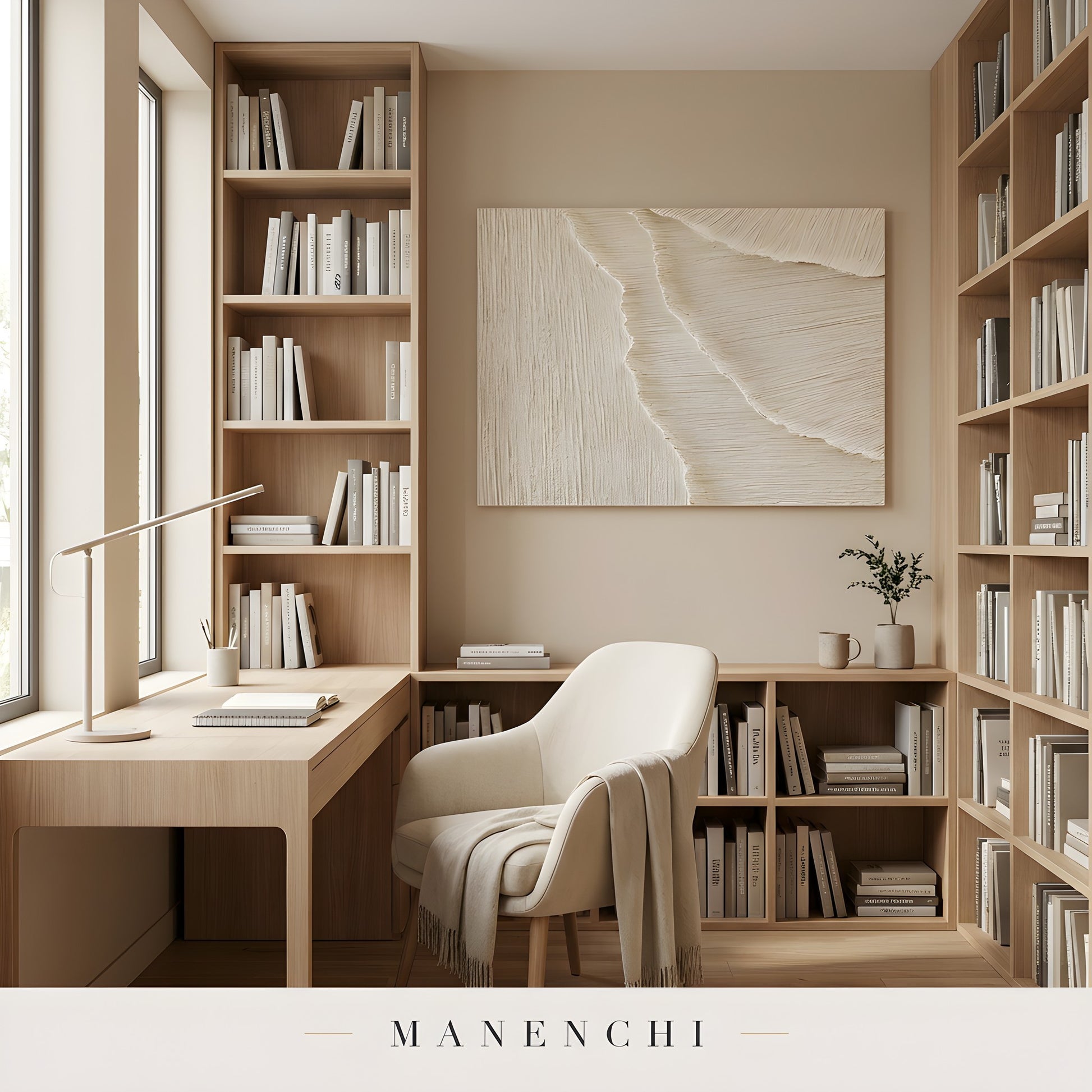 Monochromatic Sculpted Dunes abstract painting displayed in home office space