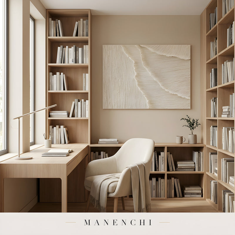 Monochromatic Sculpted Dunes abstract painting displayed in home office space
