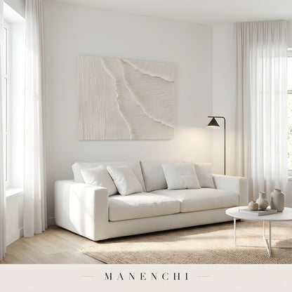 Monochromatic Sculpted Dunes abstract painting displayed in living room sofa