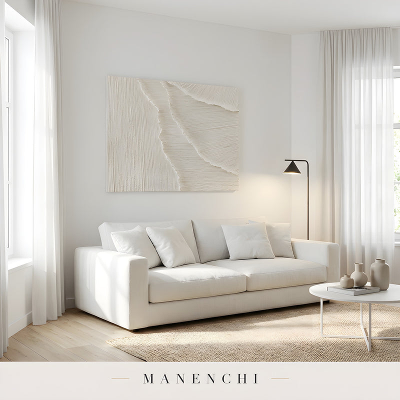 Monochromatic Sculpted Dunes abstract painting displayed in living room sofa