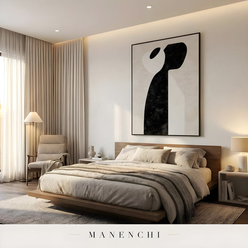Monochromatic Solitude abstract painting displayed in bedroom scene with painting