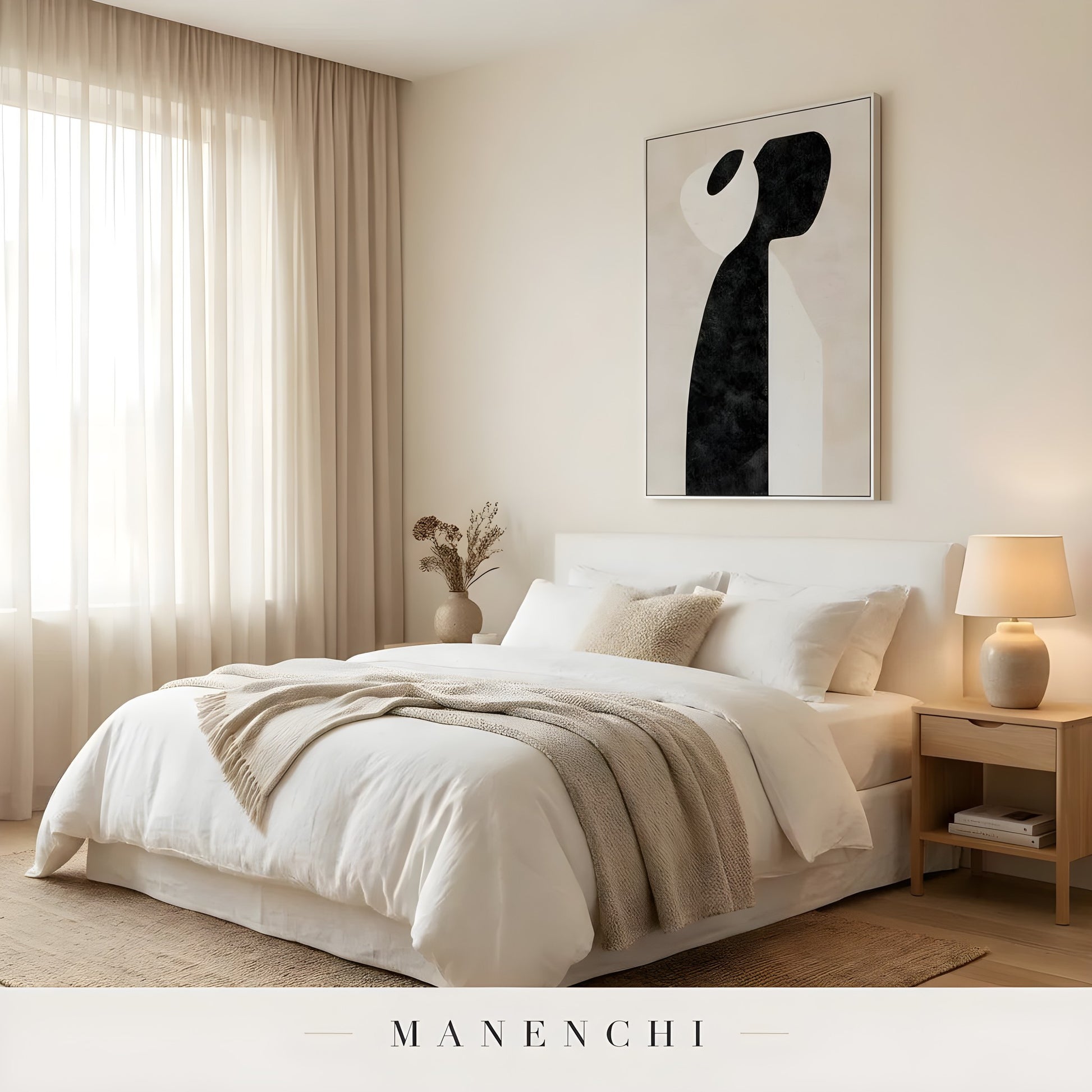Monochromatic Solitude abstract painting displayed in bright modern bedroom art