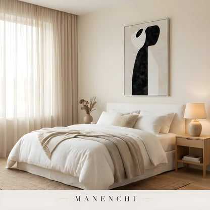 Monochromatic Solitude abstract painting displayed in bright modern bedroom art