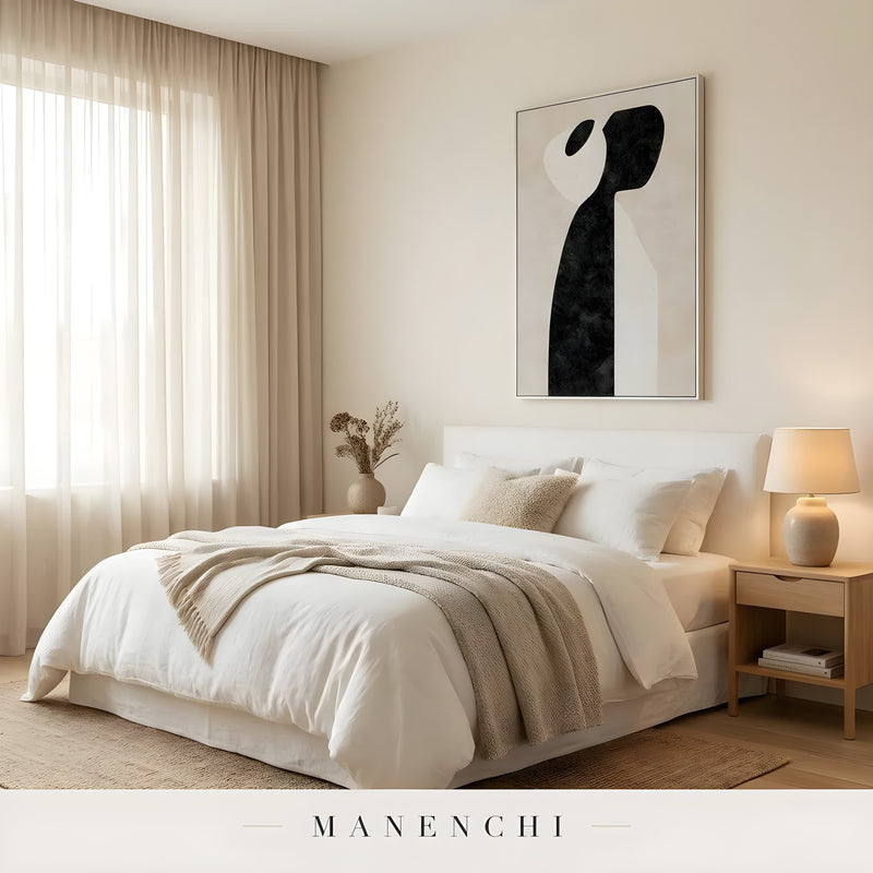 Monochromatic Solitude abstract painting displayed in bright modern bedroom art