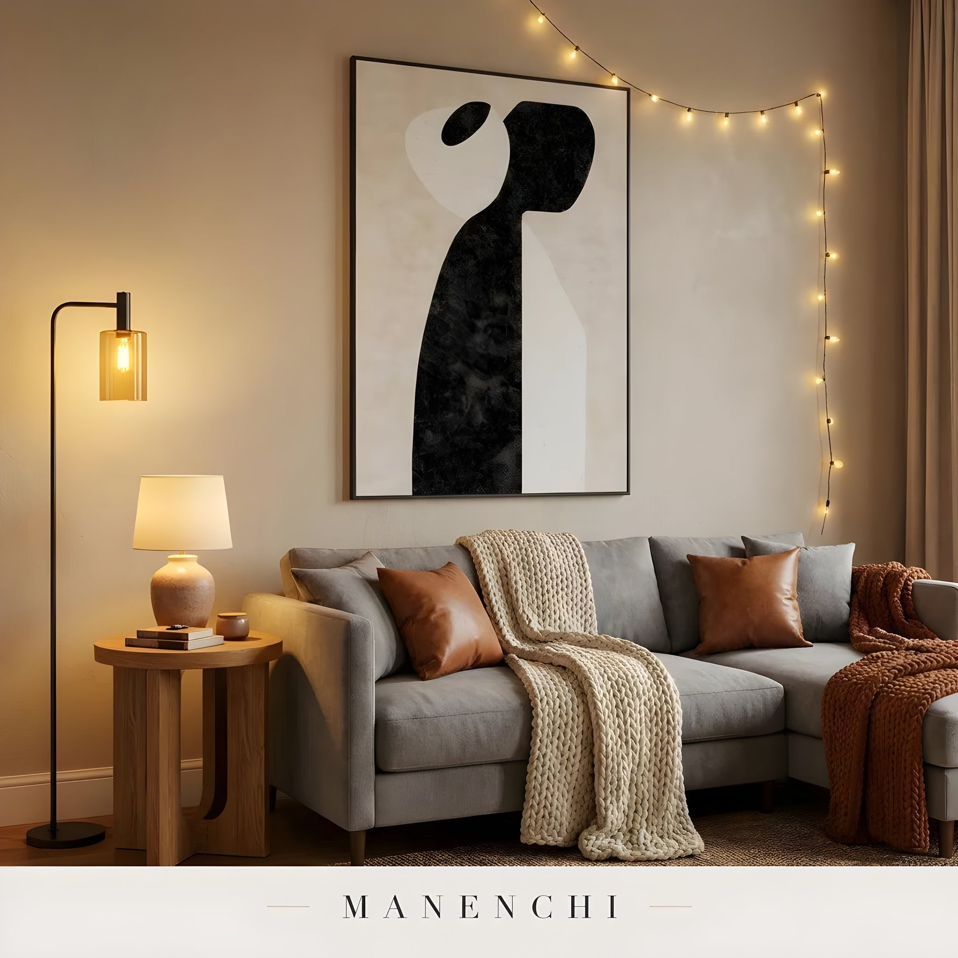 Monochromatic Solitude abstract painting displayed in living room sofa decor