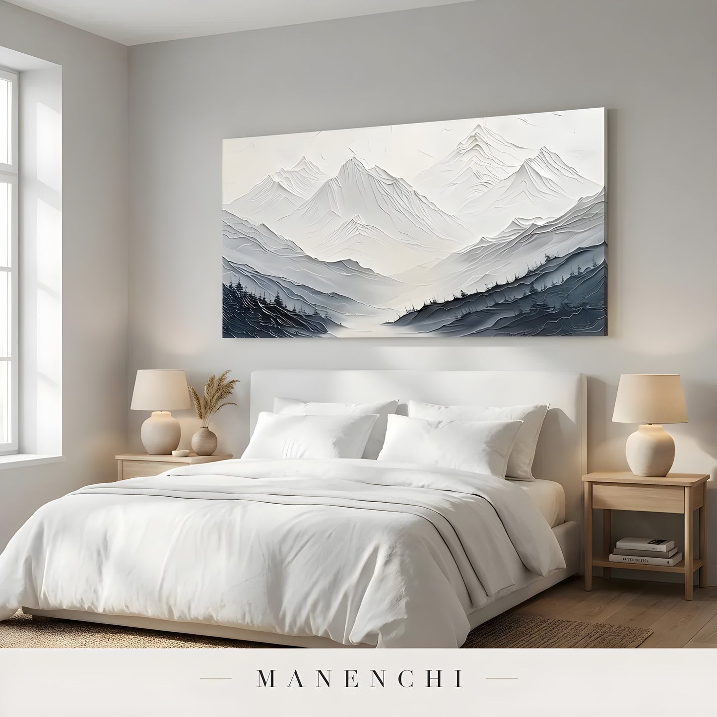 Monochrome Alpine Solitude abstract painting displayed in bedroom interior styling
