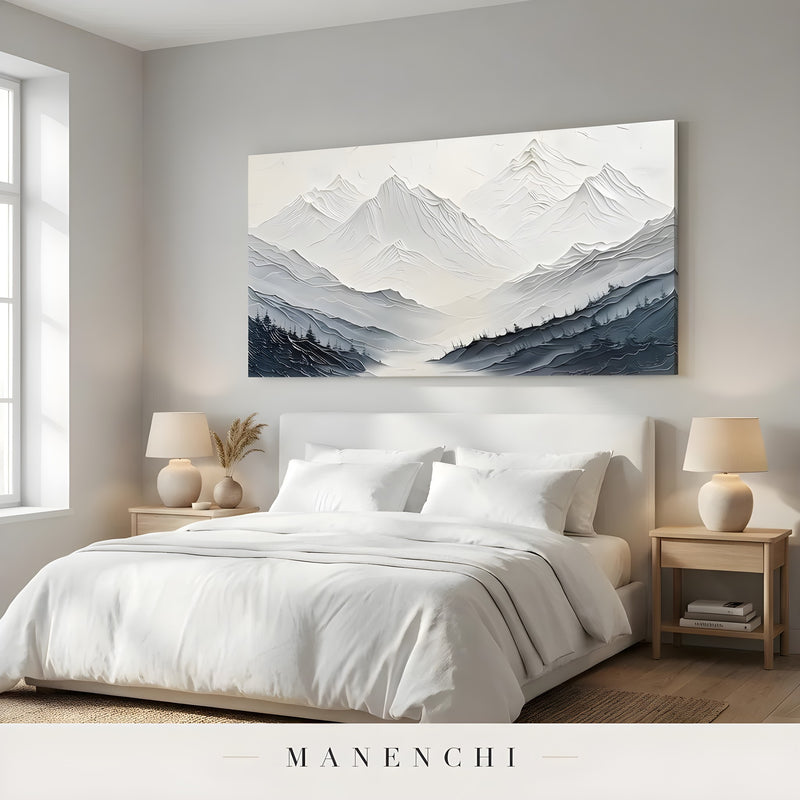Monochrome Alpine Solitude abstract painting displayed in bedroom interior styling